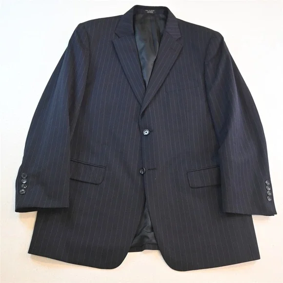 Vtg Y2K Boxy 2000s 42R 33x32 Navy Blue Striped 100% Wool Mens Jacket Pants Suit